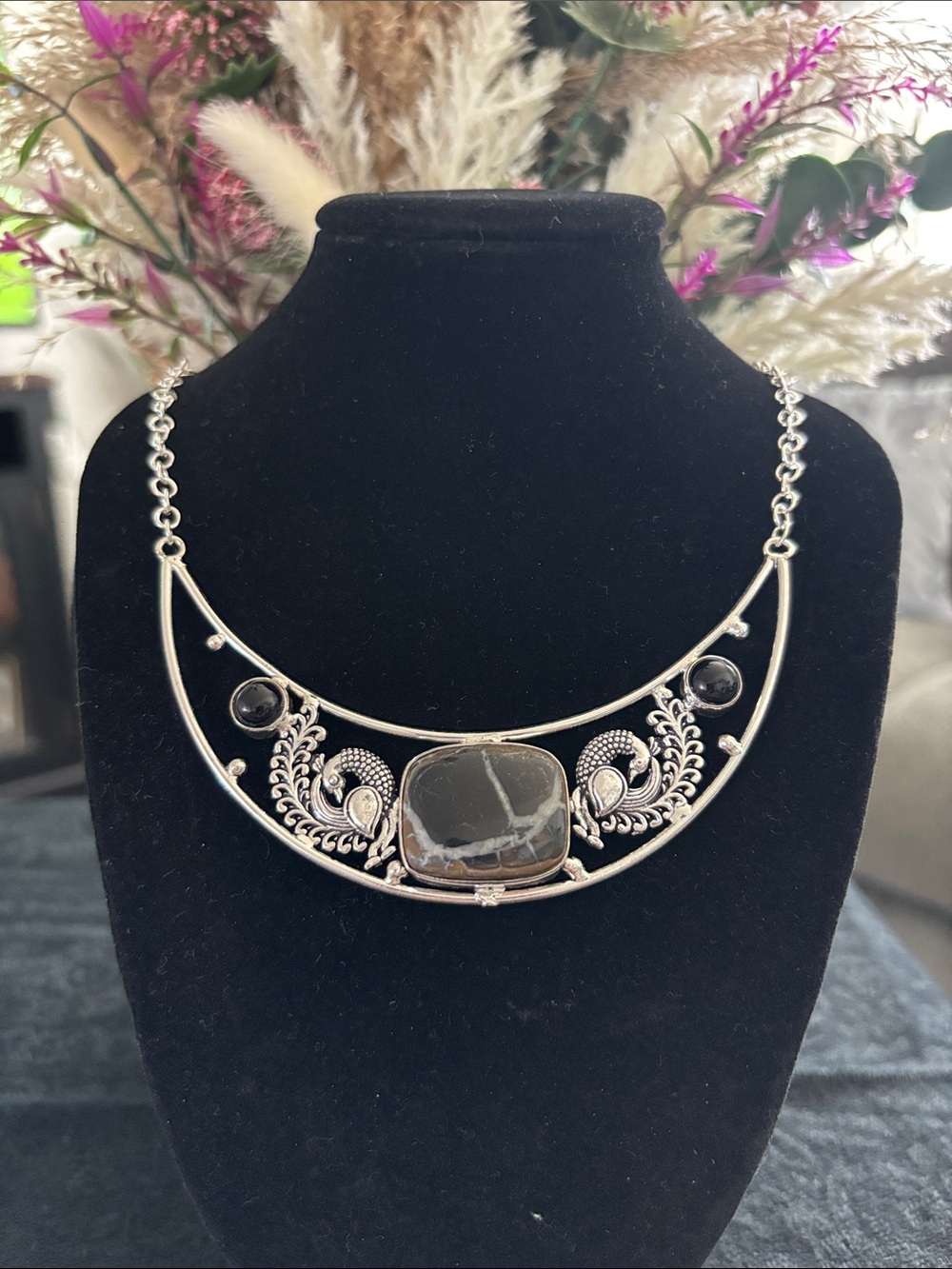 Sterling Silver Dragon Septarian Black Onyx Gemstone Necklace.